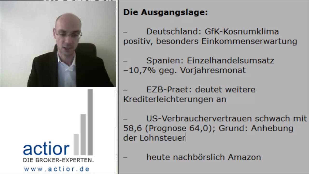 Deutschland: GfK-Kosnumklima positiv, besonders Einkommenserwartung
Spanien: Einzelhandelsumsatz --10,7% geg. Vorjahresmonat
EZB-Praet: deutet weitere Krediterleichterungen an
US-Verbrauchervertrauen schwach mit 58,6 (Prognose 64,0); Grund: Anhebung der Lohnsteuer
heute nachbörslich Amazon