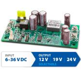 Fanless industrial 160 Watt DC/DC converter with wide range input 6-36 V and three selectable output voltages