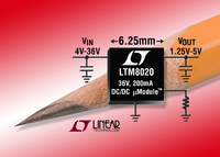 200mA-DC/DC-uModule-Schaltregler für Eingangsspannungen bis 36V ist so einfach einsetzbar wie ein Linearregler, produziert aber 98% weniger Abwärme und ist 90% kleiner