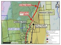Gold Terra Intersects 11.2 g/t gold over 4.57 metres within Wider Zone of 5.22 g/t over 17.86 metres in Hole GTCM21-14 at High-Grade Yellorex Gold Zone, along Campbell Shear Structure, South of Con Mine, NWT