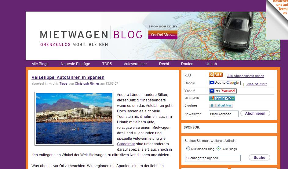 CarDelMar sponsort MietwagenBlog, Creative logging Ltd