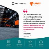 Kundentestimonial von Martin Priewe, Head of Marketing der ARJES GmbH, zur PresseBox. Das Motiv zeigt eine Produktionshalle mit Recyclingmaschinen und nennt die Vorteile relevante Fachmedien, internationale Reichweite, gezielte Verbreitung und persönliche Betreuung.