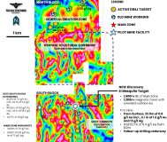Abbildung 1. Zusammenfassung der Zielgebiete bei Gran Pilar. Karte der magnetischen Drohnenvermessung mit Darstellung der Neigungsableitung des Reduced-to-Pole-Werts (RTP) sowie der vorrangigen Zielgebiete, die bisher durch geologische Kartierungen und oberflächengeochemische Untersuchungen identifiziert wurden. Lage des neuen Zielgebiets El Mezquite