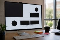 Arbeitsplatz mit Bildschirm, auf dem eine Website in stark vergrößerter Schrift dargestellt ist