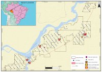 Abbildung 1. Geplantes Bohrprogramm auf dem Goldprojekt Madeira River von Canary Gold. Es sind flache Schneckenbohrungen über etwa 5.000 m in Gebieten mit bekannten Mocururu-Ausbissen geplant, um diese Ziele mit Raster- und Stepout-Bohrungen unter der unmittelbaren flachen (< 15-20 m) Deckschicht zu erproben. Anhand von Reverse-Circulation Bohrungen (RC) und/oder Druckluft-Kernbohrungen (AC) über etwa 15.000 m soll die gesamte höffige 80 km Streichlänge durch eine Reihe von Bohrfences in Abständen von jeweils 2 km entlang der Streichlänge bzw. von jeweils 1 km quer zur Streichlänge untersucht werden