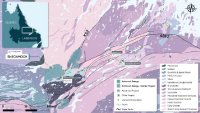 Abbildung 1: Landposition von Azincourt überlagert die Geologie des Central Mineral Belts, Labrador, Kanada