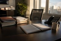 Schreibtisch einer Führungskraft mit Terminplan und mehreren angefangenen Vorgängen - Ein Schreibtisch mit aufgeschlagenem Wochenplan, mehreren angefangenen Aktenvorgängen, einem Telefon und einer halb leeren Kaffeetasse in einem Büro am späten Nachmittag. Symbolbild zur Arbeitsintensität von Führungskräften mit großer Führungsspanne.