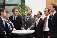 Unser Bild zeigt von links den Förderkreisvorsitzenden Professor Wolf Michael Nietzer, die Vorsitzende der Wirtschaftsjunioren Heilbronn-Franken Tanja Schunk, die Preisträger Thomas Minnici, Thomas Weidmann, Jose Mazuelos Iglesias, Festredner Norbert Heckmann, Sprecher der Geschäftsführung der Adolf Würth GmbH & Co. KG, und Preisträger Thomas Willert