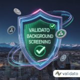 Futuristic corporate cityscape of Zurich at night, glowing with neon-blue and emerald-green lights. Above the skyline hovers a giant transparent digital shield, inside it glowing checkmarks, trust seals and human silhouettes symbolizing Validato Background Screening. Around the shield orbit abstract coins and data streams, visualizing cost reduction and efficiency. In the background, the Alps glowing with silver light, symbolizing Swiss trust and strength. Atmosphere: visionary, validato.com