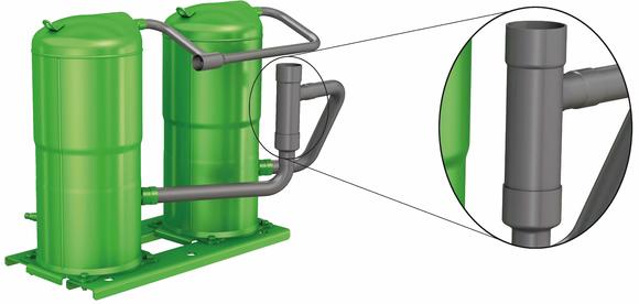 El nuevo BITZER Advanced Header Technology (BAHT), pendiente de patente, para configuraciones tándem y trío con compresores scroll de diferentes potencias ofrece posibilidades pioneras para la construcción de sistemas futuros.