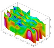 Abbildung 1: 3D-Schrägansicht der IP-Untersuchung, Blickrichtung Südwesten, wobei die nördliche IP-Anomalie als warme Farben am nächsten zum Betrachter dargestellt ist.