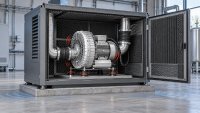 Technische Schnittdarstellung eines Seitenkanalverdichters innerhalb einer Schallschutzkabine. Das Gerät steht auf elastischen Schwingungsdämpfern und ist über flexible Elemente mit der Saug- und Druckleitung verbunden. Die Darstellung verdeutlicht die verringerte Übertragung von Körperschall, während die Lüftungswege der Kabine frei bleiben.