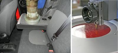 Figure 2. Experimental tests: overweight misuse (left), Erichsen scratch resistance (right)