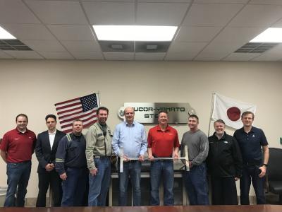 From left to right: Austin Pitzer, Controller, NYS; Waldemar Vogel, Sales Engineer, SMS group; Jason Ciepiela, Mill Maintenance Supervisor, NYS; Chris Ziegler, Roll Shop Supervisor, NYS; Thomas Maßmann, Vice President Section and Billet Mills, SMS group; Thad Solomon, Vice President and General Manager, NYS; Jim Shelton, Rolling Mill Manager, NYS; Mario Fabro, Long Product Sales Manager, SMS group and Dirk Köhler, E&A Process Engineer, SMS group