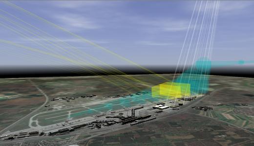Eine neuartige Software errechnet, wo und wann geplante Photovoltaikanlagen blenden können; hier für die Region rund um den Frankfurter Flughafen