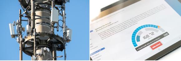 Mobilfunkmast mit 5G-Antennen und Speedtest zur Ermittlung der Datenrate bei 5G-Anbieter.info