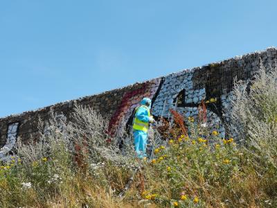 Verschmutzte Gabionen vor der Reinigung mit dem PowerMaster-System