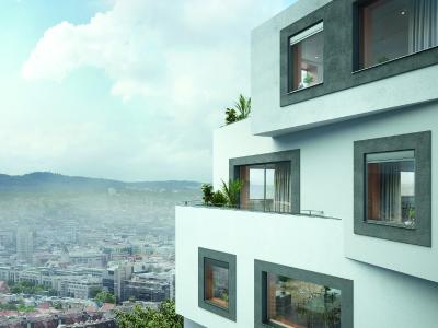 Außenansicht des horizontal flächenbündig montierten Schüco Lüftungssystems VentoLife: Durch den unauffälligen Einbau in Fenster- und Fassadensysteme wird die Architektur des Gebäudes erhalten, Bild: Schüco International KG