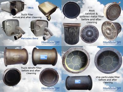 Various particulate filters before and after cleaning with FilterMaster