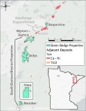 Abbildung 1: Karte mit dem Standort des Konzessionsgebiets Titac im Verhältnis zu anderen Konzessionsgebieten in Minnesota und angrenzenden magmatischen Cu-Ni- und oxidischen ultramafischen Intrusiv-TiO₂-Lagerstätten.