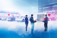 Corporate Car Sharing Lösung von Rosenberger Telematics in Kooperation mit Traka - Die Abbildung zeig einen Pool aus Fahrzeugen, 3 Personen managen den Fuhrpark mittels Tablet und Schlüsselkasten. Corporate Car Sharing Lösung von Rosenberger Telematics in Kooperation mit Traka - Die Abbildung zeig einen Pool aus Fahrzeugen, 3 Personen managen den Fuhrpark mittels Tablet und Schlüsselkasten.