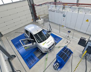 Elektrofahrzeug auf Rollenprüfstand mit virtueller Batterie im Test und Prüfzentrum für Elektromobilität IWES-TPE; Copyright: Fraunhofer IWES | Foto: Volker Beushausen
