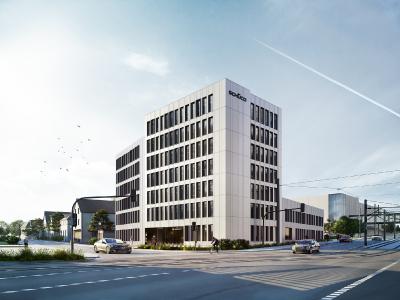 Das Bürogebäude Schüco Corporate Services an der Herforder Straße/Ecke Karolinenstraße erhält mit der Elementfassade AF UDC 80 ein klar strukturiertes und modernes Antlitz / Bildnachweis/Darstellung: tr.architekten