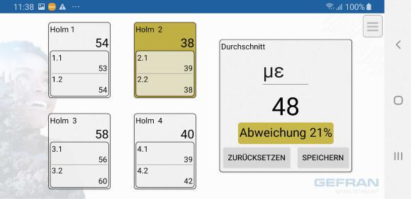 Die Sensormate-App zeigt übersichtlich die biegekompensierte Dehnung aller Holme und den Durchschnittswert der Dehnungen an