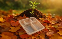 Technik im Einklang mit der Natur: Ein spritzgegossenes Kunststoffbauteil aus biobasiertem Material eingebettet in herbstliches Laub – Symbol für den nachhaltigen Kreislauf des Forschungsprojekts LEAF. (KI-generiert mit Copilot)
