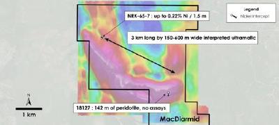 Figure 5 – Plan view of MacDiarmid Property – Historical drilling overlain on total field magnetic intensity, MacDiarmid Township, Ontario