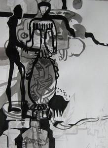 "Hochzeit von Manfred und Gabriela" – so der Titel dieser Tuschezeichnung von Monika Lang. Sie stellt bei der 51. WITTENSTEIN-Vernissage Bilder und Zeichnungen unter dem Titel "Mensch – Maschine – Raum" aus