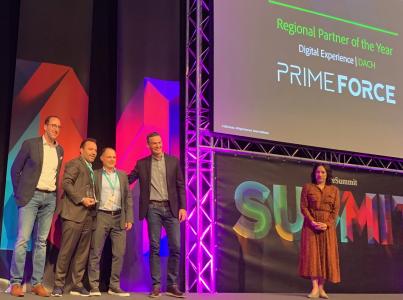 Freuen sich über die Award-Verleihung (v.l.): Dennis Saatkamp, Senior Partner Alliance Manager Adobe; Christian Gröger, CEO Prime Force Group; Boris Weiner, Business Unit Manager Adobe Prime Force Group und Peter Cummings, Senior Director Partner & Alliances EMEA Adobe (Foto honorarfrei: Prime Force Group)