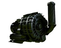 Das Bild zeigt den Seitenkanalverdichter e08TD_132 in seiner typischen Konfiguration. Deutlich erkennbar sind das radial verbaute Lüfterradgehäuse, der kompakte IE3-Motor sowie ein großflächiger Ansaugfilter. Das Gehäuse aus Aluminiumdruckguss weist Rippen zur Kühlung auf. Die Bauform ist auf Stabilität, Vibrationsarmut und Industrieeinsatz ausgerichtet.