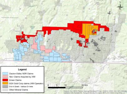 Map areas subject to Dayton-Sidley NSR, new claims acquired, and claims owned and operated by Ximen Mining Corp.