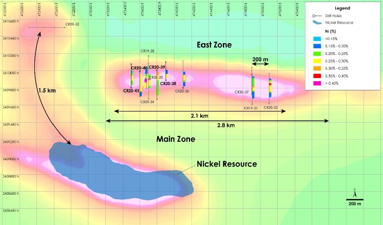 Abbildung 2 - Draufsicht auf die East Zone, Nickelzone – Darstellung der Bohrergebnisse übe.png