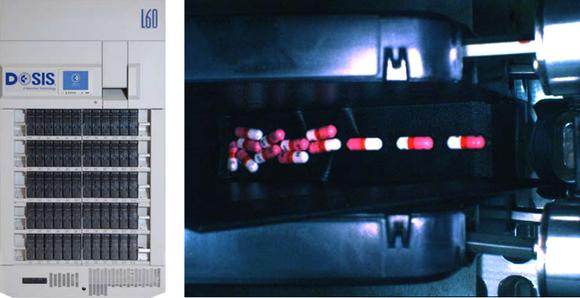 Photo 1: DOSIS front cabinet showing the 60 pill canisters (left) - Pills on ramp inside a canister, photo taken with the Prosilica GC1020C digital camera (right)
