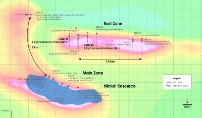 Abbildung 3 – Draufsicht PGM Zone – Darstellung der jüngsten Bohrergebnisse über der magnetischen Gesamtfeldstärke, Crawford Nickel Kobaltsulfid Projekt, Ontario