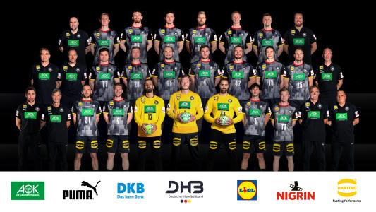The men's national team of the German Handball Association (DHB) with the distinctive HARTING logo on the trousers