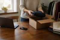 Person packt am Küchentisch ein verkauftes Kleidungsstück in einen Versandkarton