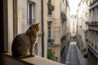 Katze sitzt auf einem Fensterbrett in einer französischen Altbauwohnung