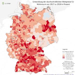 Entwicklung der durchschnittlichen Mietpreise für Wohnraum von 2017 zu 2018 in Prozent