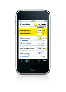 Wertvolle Applikation für SHK-Profis: iPhone und iPod touch berechnen zukünftig die hydraulischen Kenngrößen einer Schmutzwasserentsorgung mit dem "PumpSizer" von Jung Pumpen, Foto: Jung Pumpen, Steinhagen