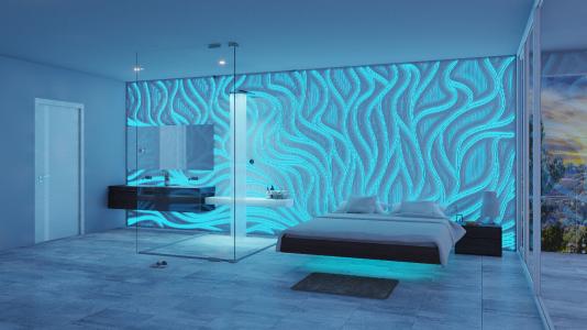 M|R Walls im Hotel · Design: Flame · Spezialeffekt: mit blauem Licht hinterleuchtet