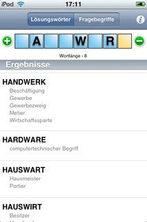 Screenshot: Duden Kreuzworträtsellöser - Suchergebnisse Lösungswörter