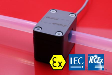 SEMIFLOW non-contact ultrasonic liquid flow sensor for measurements on hard plastic tubes and pipes for use in hazardous areas with possible fire or explosion risks due to explosive gas atmospheres (Zone 1, Group IIB)