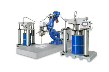 The new system solution for battery encapsulation, consisting of the high-performance dispenser Dos HP and the material feeding unit PailFeed200 Abrasive, offers dispensing speeds of up to 80 ml/s even when using highly abrasive thermally conductive media