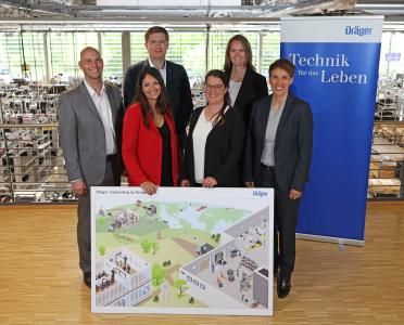 v.l.n.r.: Florian Mutschler (IT-Projektleiter), Michelle Scheller (Head of Software Development ICM), Alexander Bramkamp (Head of Strategic Supply Chain), Tanja Jensen (Projekt Manager - IT), Nicola Klockmann (Supply Chain Manager) und Nadine Wulf (Head of Global Commodity Management). © Dräger