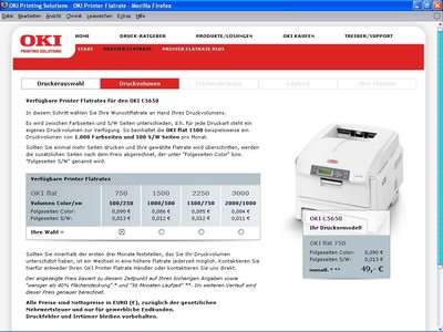 In vier Schritten die passende OKI Printer Flatrate auswählen: Druckerauswahl, Druckvolumen, Flächendeckung, Laufzeit