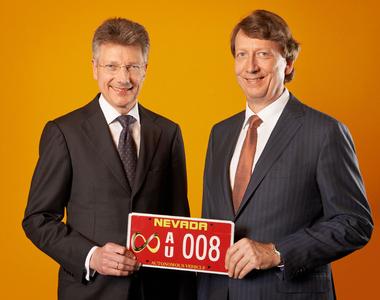 Dr. Elmar Degenhart, CEO Continental AG, and Wolfgang Schäfer, CFO Continental AG, presented on March 7, 2013 in Frankfurt/Main, Germany, not only preliminary figures for fiscal 2012 but also the special red license plate of a highly automated test vehicle which is authorized for Nevada, USA, and which provides a safer and more comfortable drive