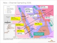 Abbildung 1: Lageplan der Nioc-Zonen 1 und 2 mit den Höhepunkten der Schlitzproben, abgeschlossenen und noch ausstehenden Schlitzen sowie der interpretierten mineralisierten Ausdehnung
